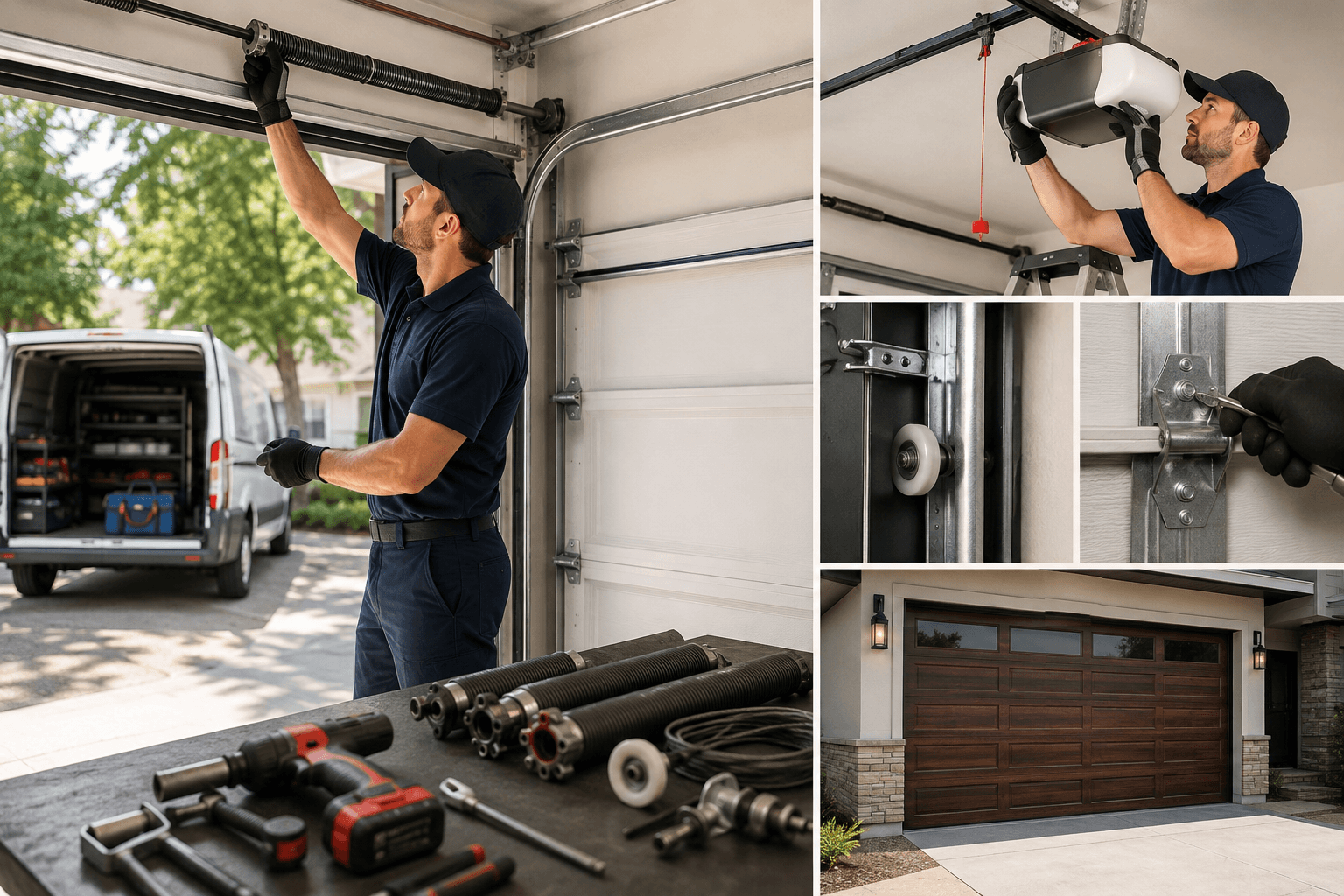 Garage door technician performing repairs and maintenance on springs, rollers, tracks and opener components