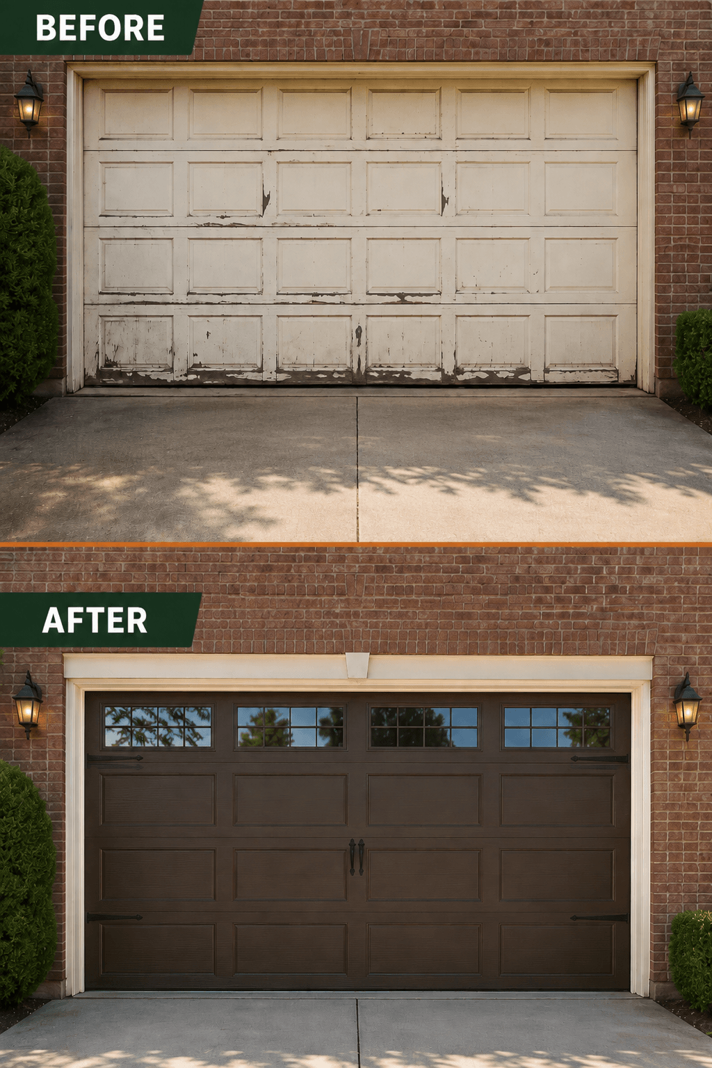 Before and after garage door replacement showing an old worn garage door and a new modern garage door