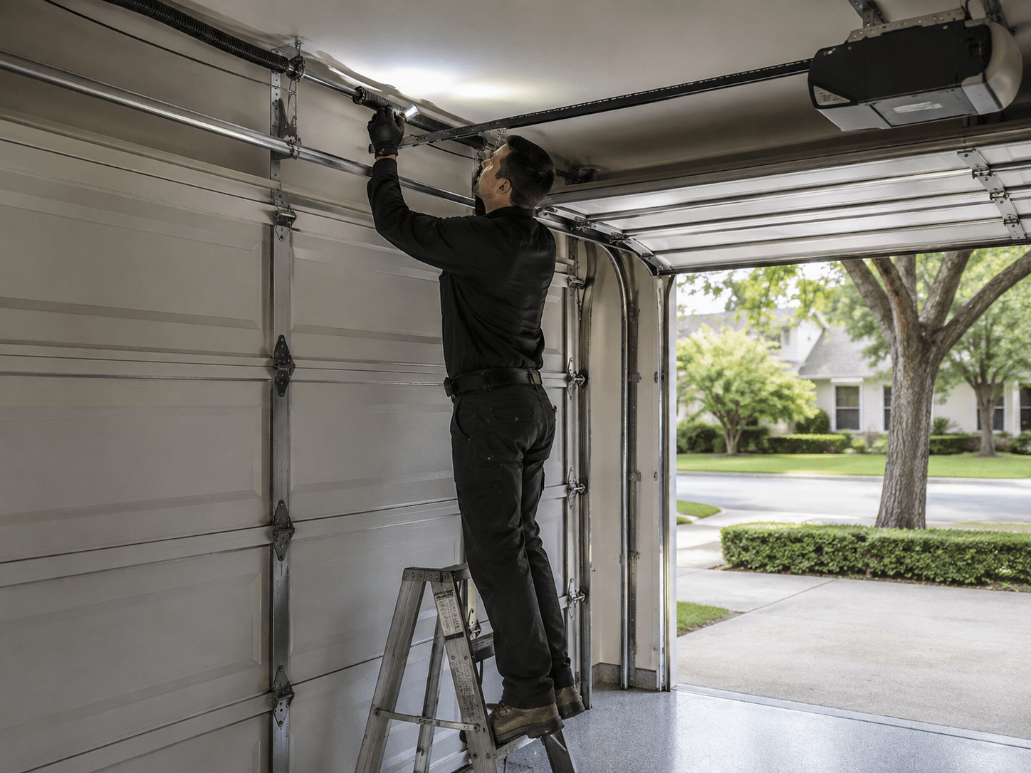 Garage door technician inspecting springs, tracks, rollers and opener components inside a residential garage