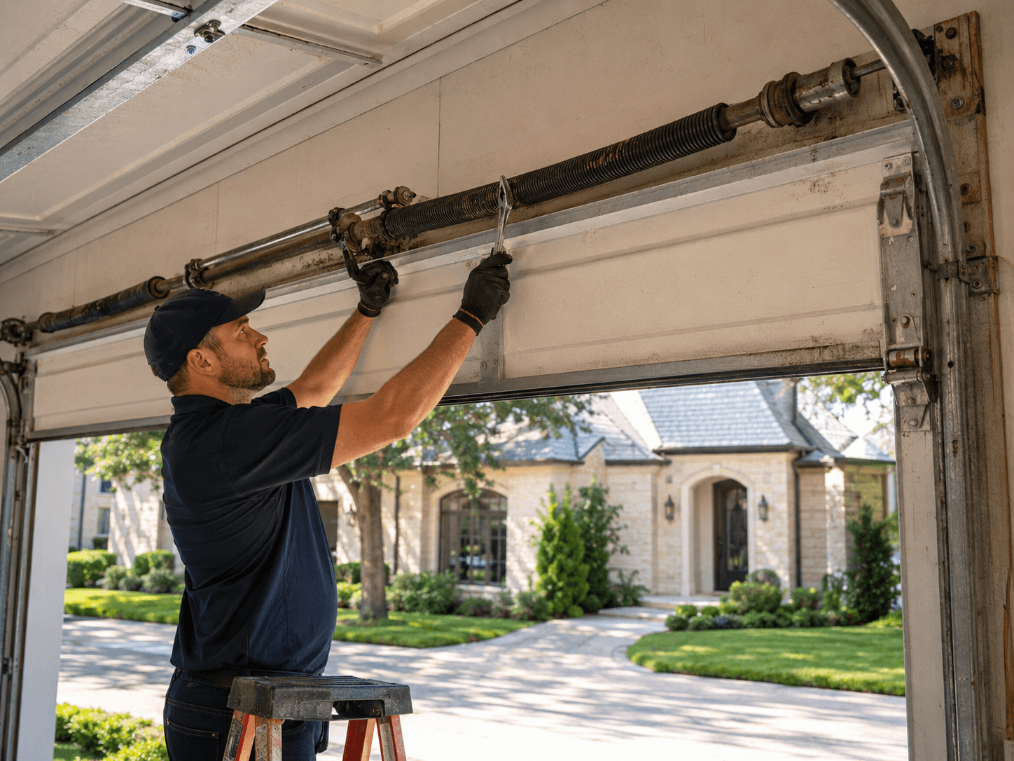 Garage door technician inspecting worn springs, rollers and garage door hardware in University Park, Texas