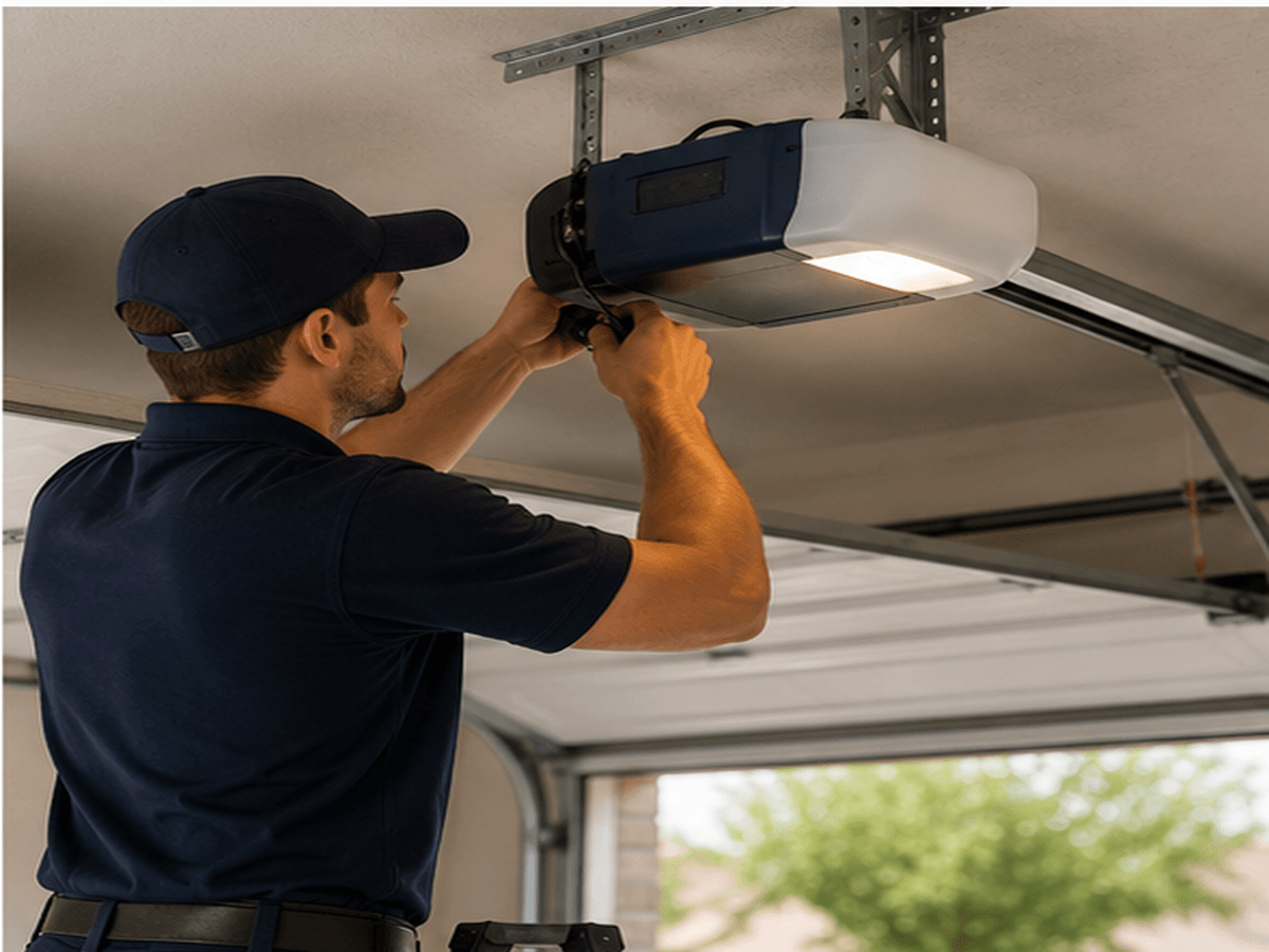 Technician repairing a residential garage door opener in University Park