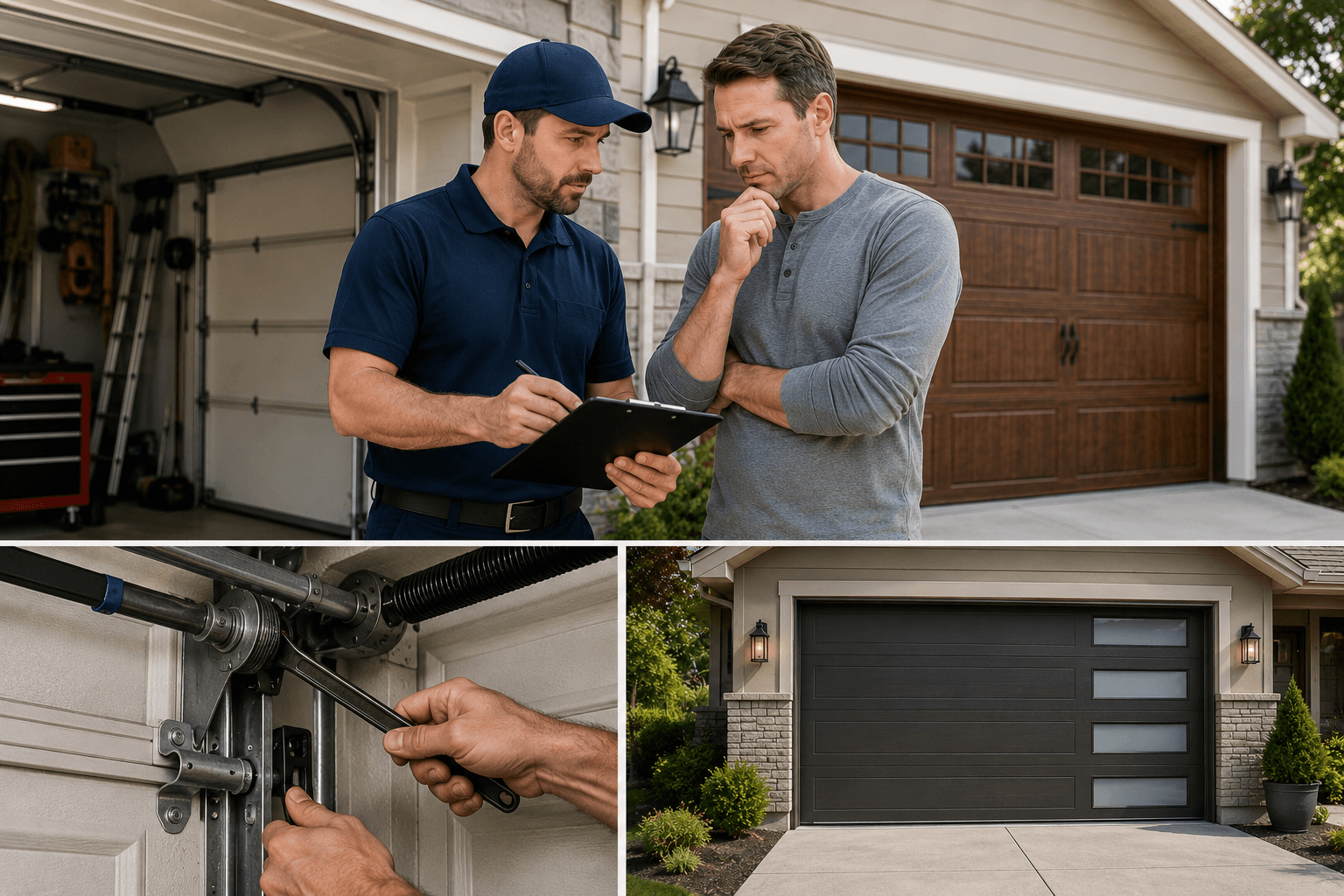 Garage door technician discussing repair and replacement options with a homeowner