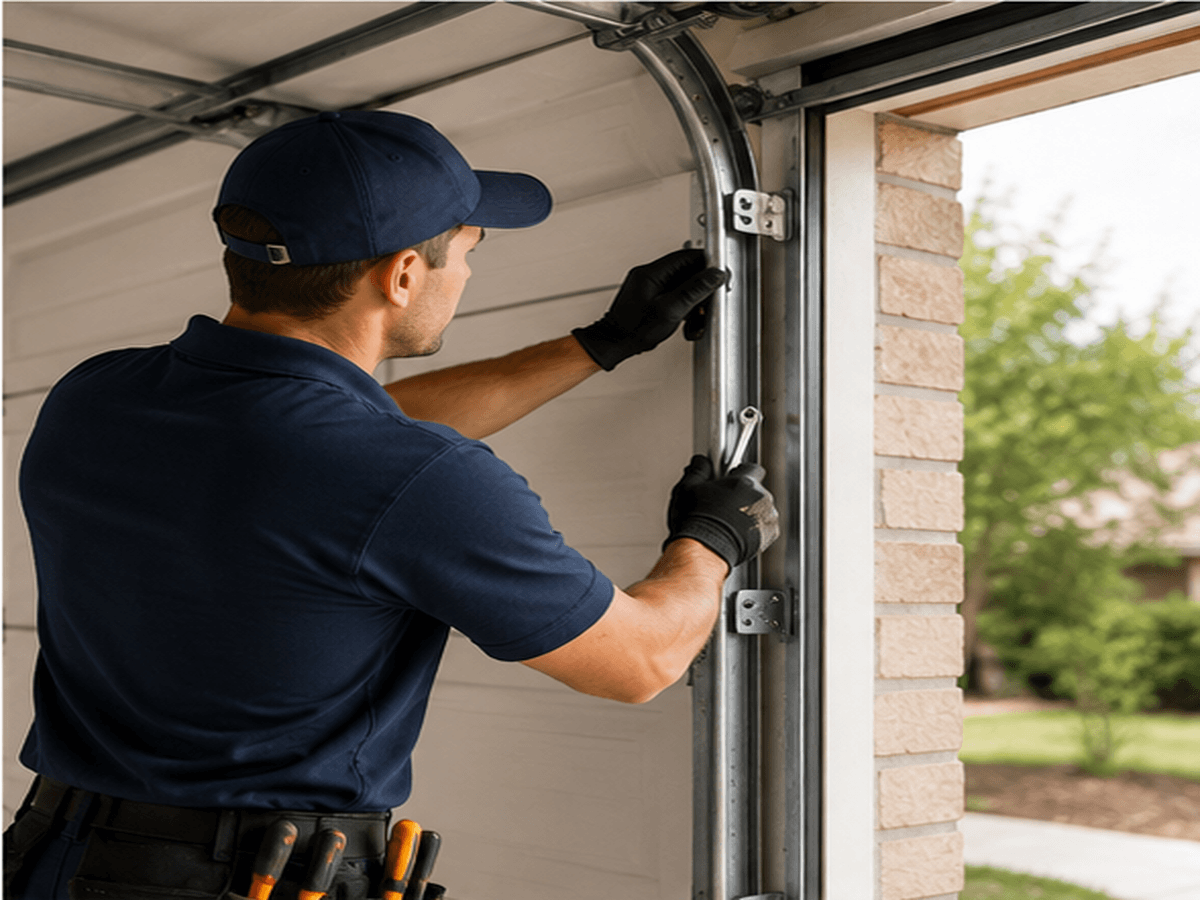 University Park garage door technician repairing garage door tracks and hardware
