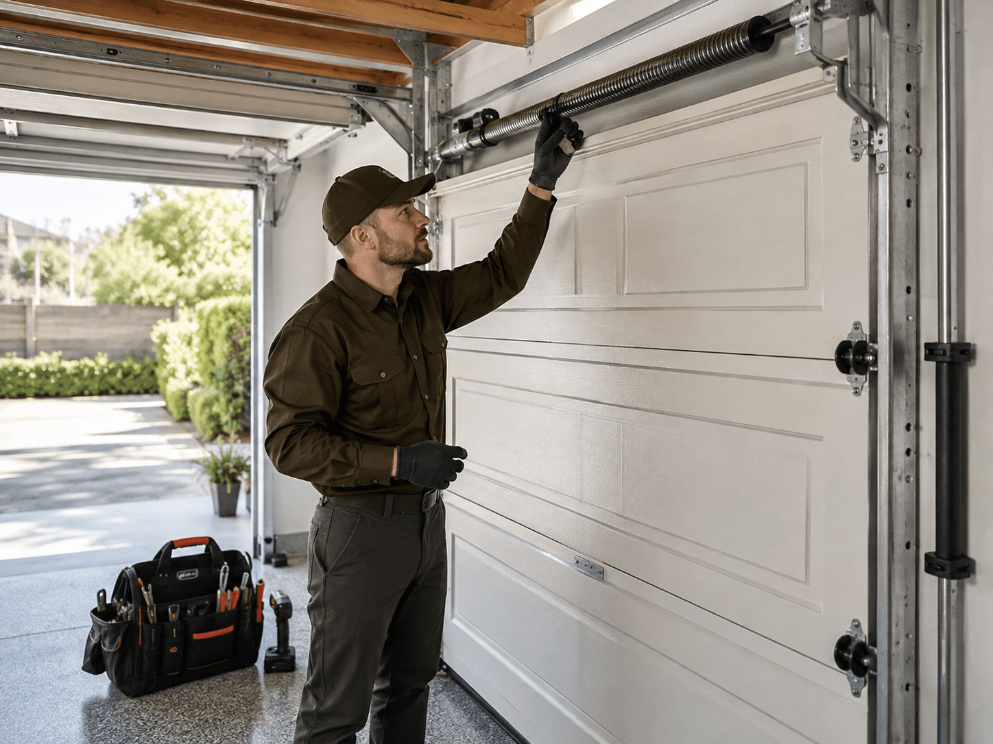University Park garage door technician inspecting garage door springs and hardware