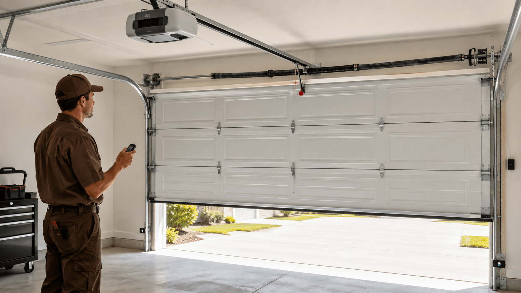 Garage door technician performing final testing on a newly installed garage door system