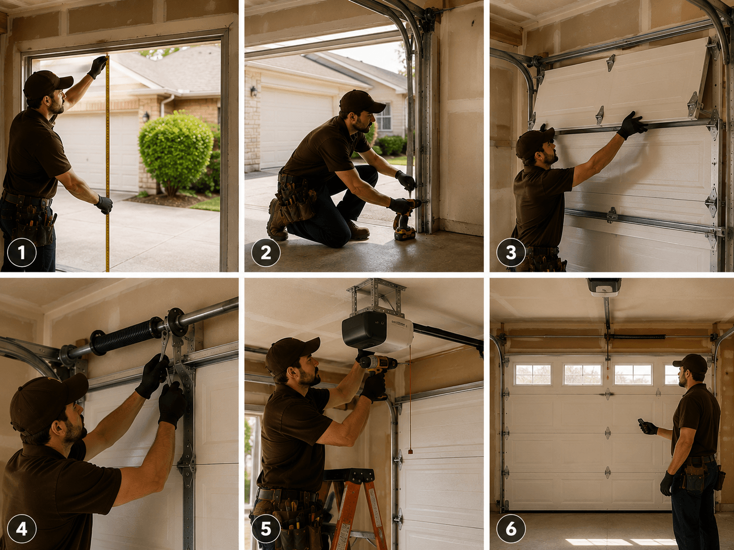 Garage door technician completing the installation process from opening preparation and track setup to spring adjustment and final opener testing