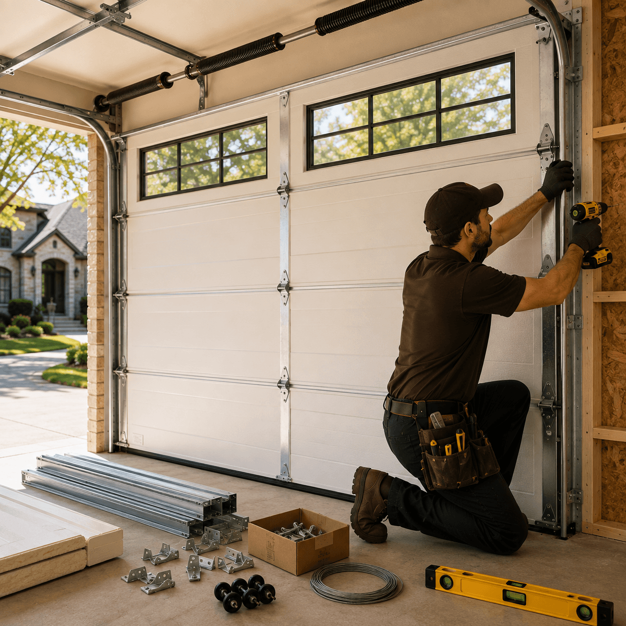 Garage door technician installing tracks, hardware and insulated sectional garage door components