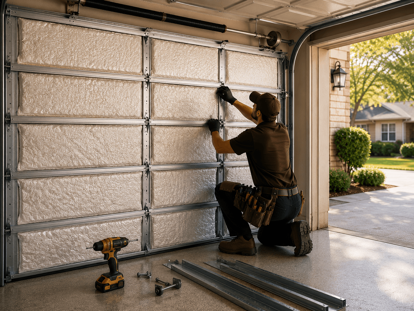 Garage door technician installing insulated garage door panels for improved home comfort