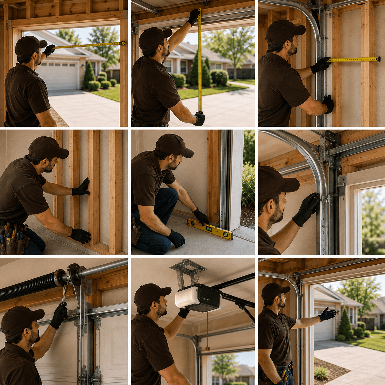 Garage door technician inspecting opening dimensions, framing, tracks, springs, opener compatibility and installation clearances