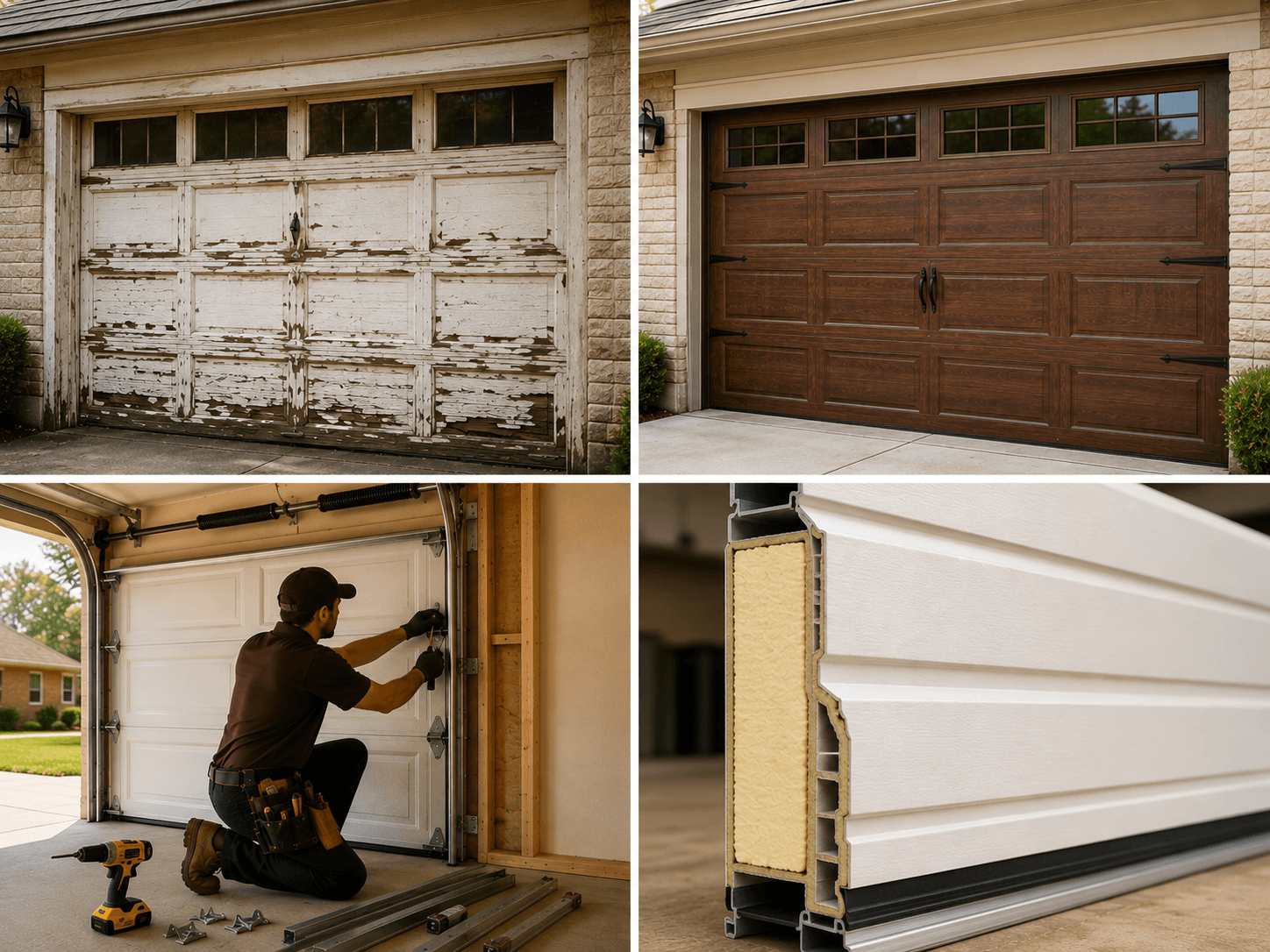 Garage door replacement showing damaged door, new insulated door and professional installation
