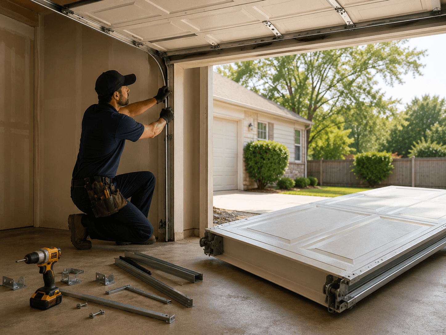 Garage door technician preparing a replacement garage door and installing tracks and hardware