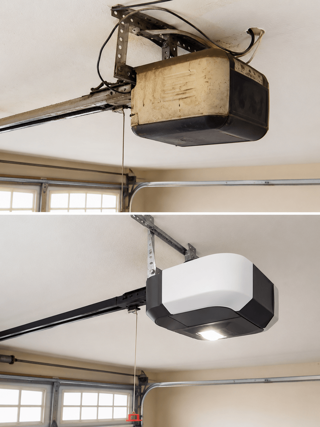 Before and after comparison of an old garage door opener and a newly installed replacement opener
