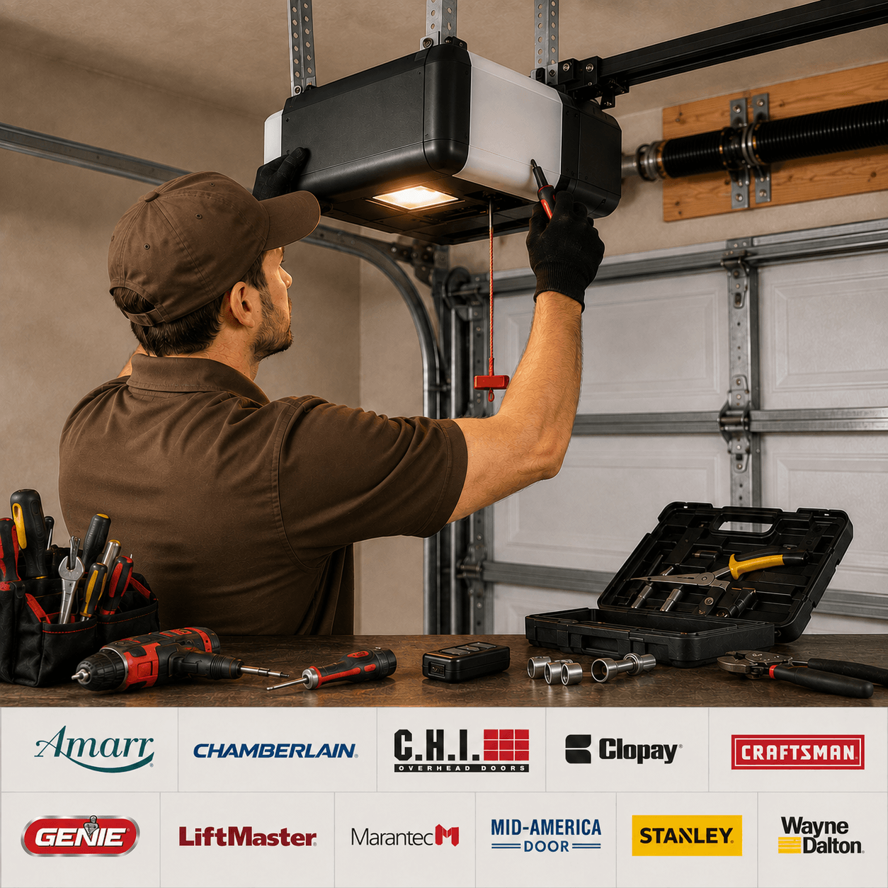 Garage door technician servicing an opener with major garage door and opener brands displayed