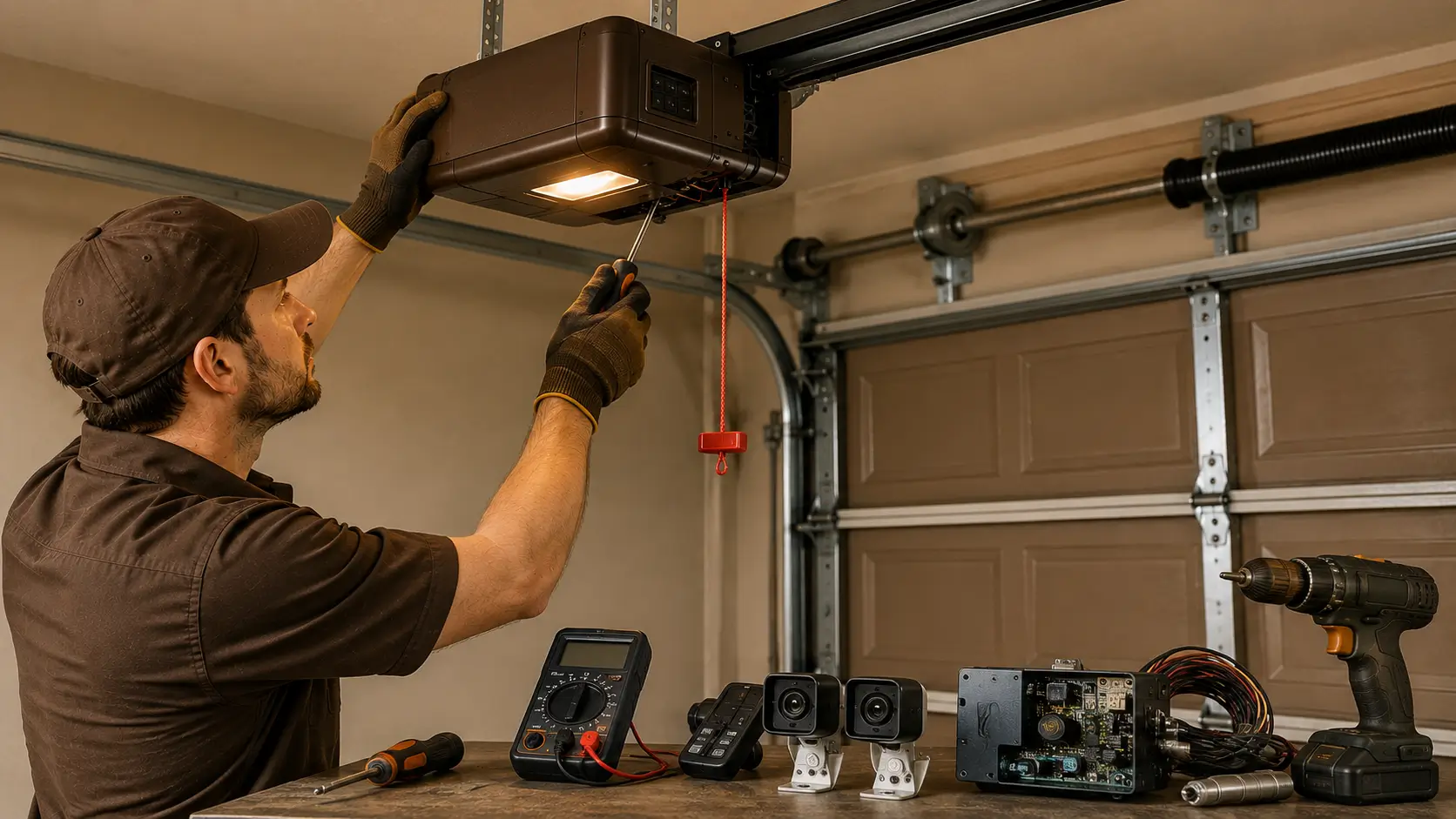 Garage door technician inspecting a broken torsion spring and related door components