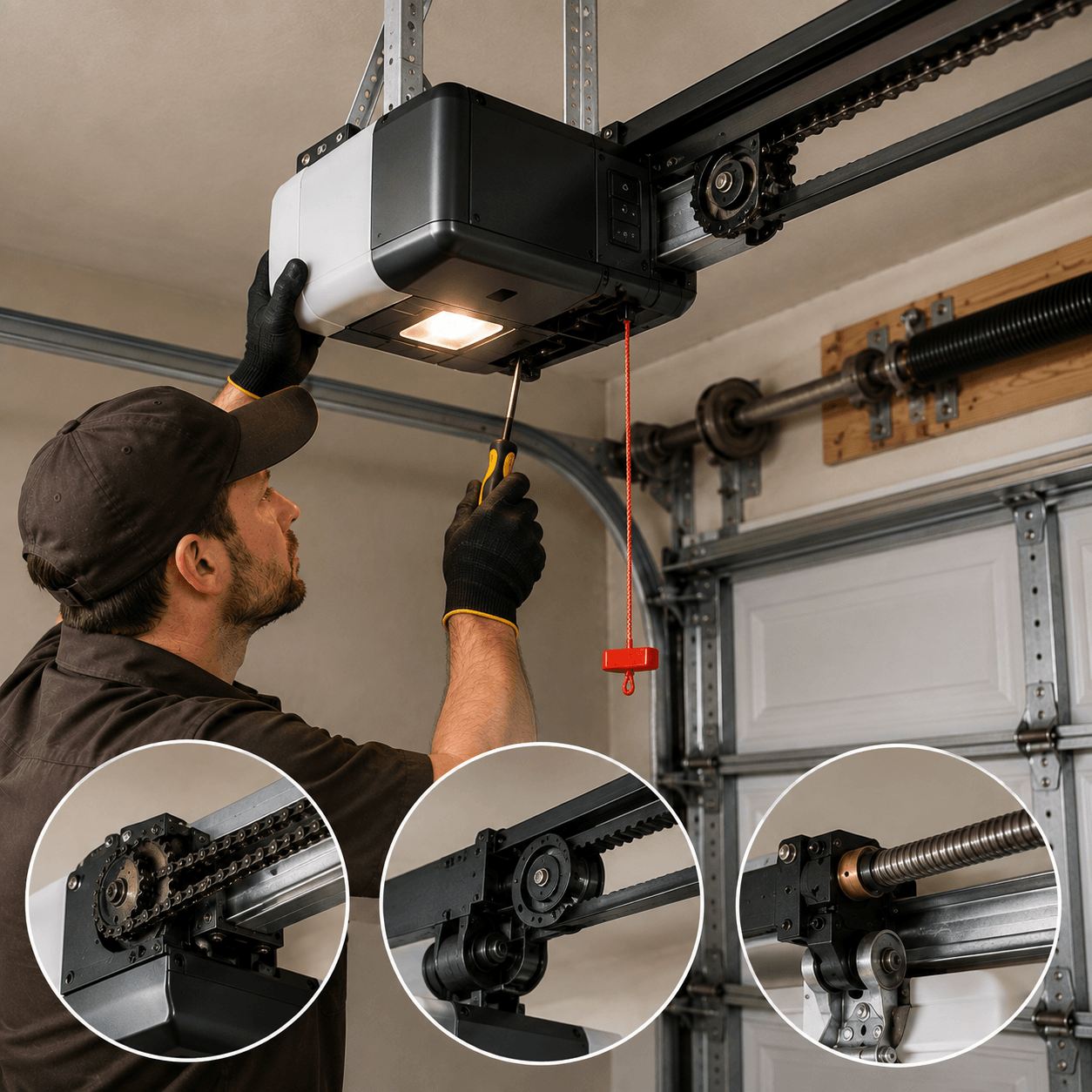 Garage door technician inspecting a garage door opener with chain, belt and screw drive components