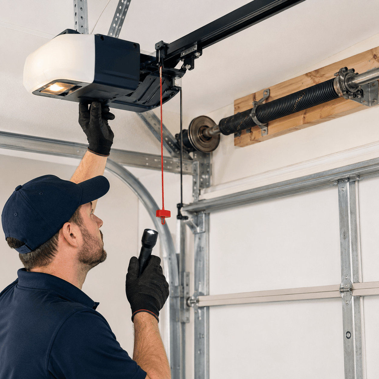 Garage door technician inspecting a ceiling-mounted opener, torsion spring and related hardware