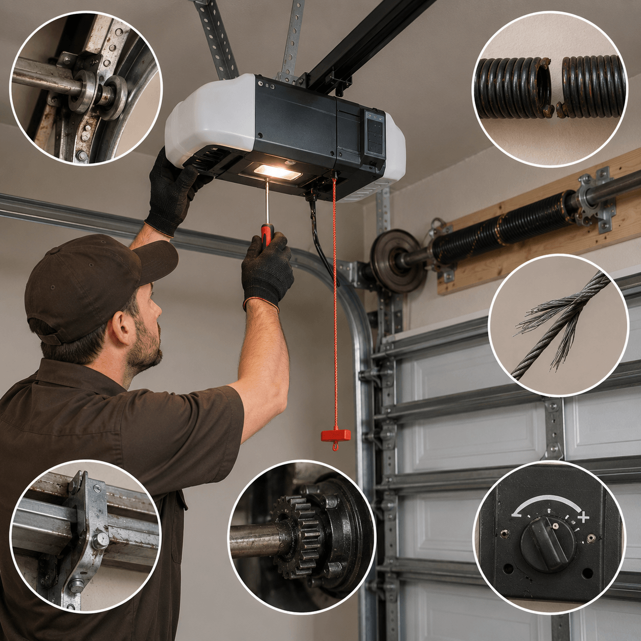 Garage door technician inspecting an opener and related mechanical problems including springs, cables, rollers and drive components
