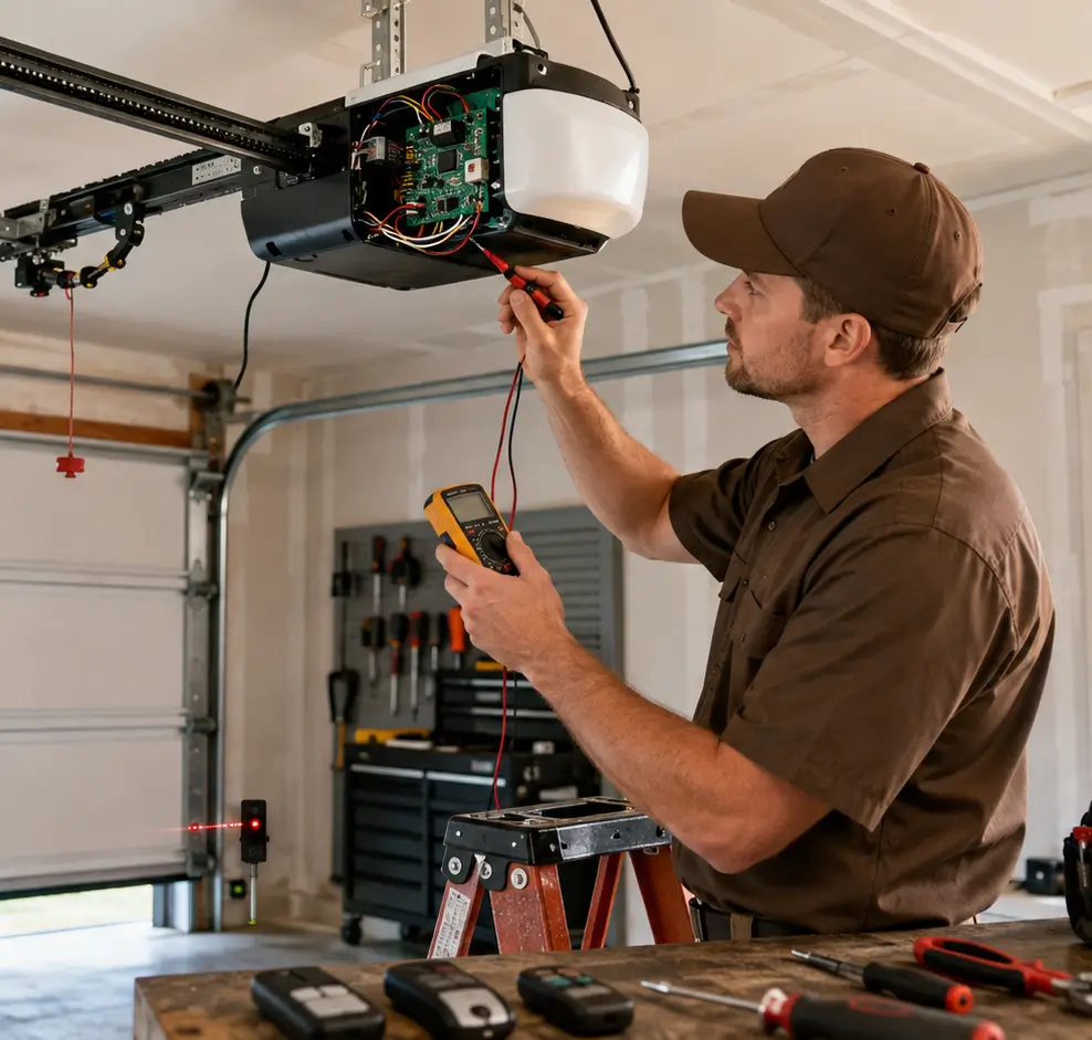 Garage door opener troubleshooting showing sensors, remote controls, wiring, drive components and circuit board inspection