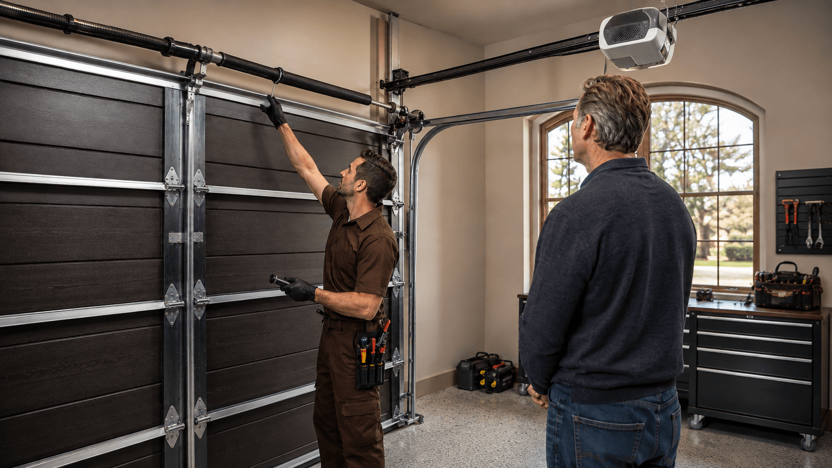 Professional garage door technician inspecting and servicing a residential sectional garage door