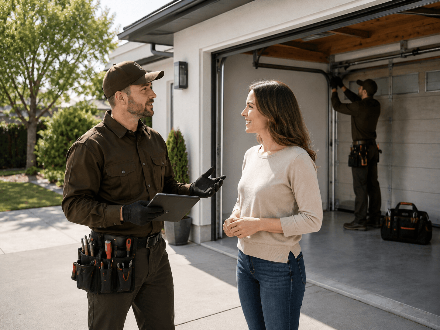 University Park garage door technician speaking with a homeowner during garage door service
