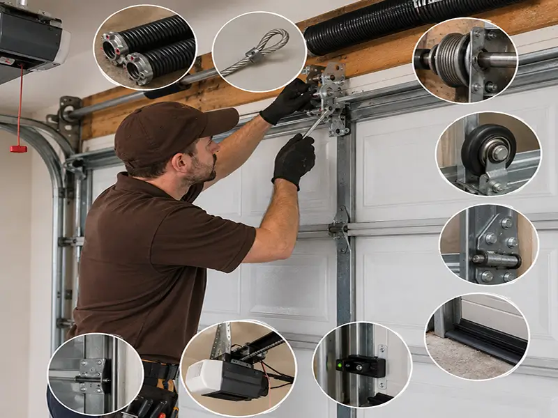 Garage door technician repairing springs, cables, rollers, hinges, opener and other garage door components