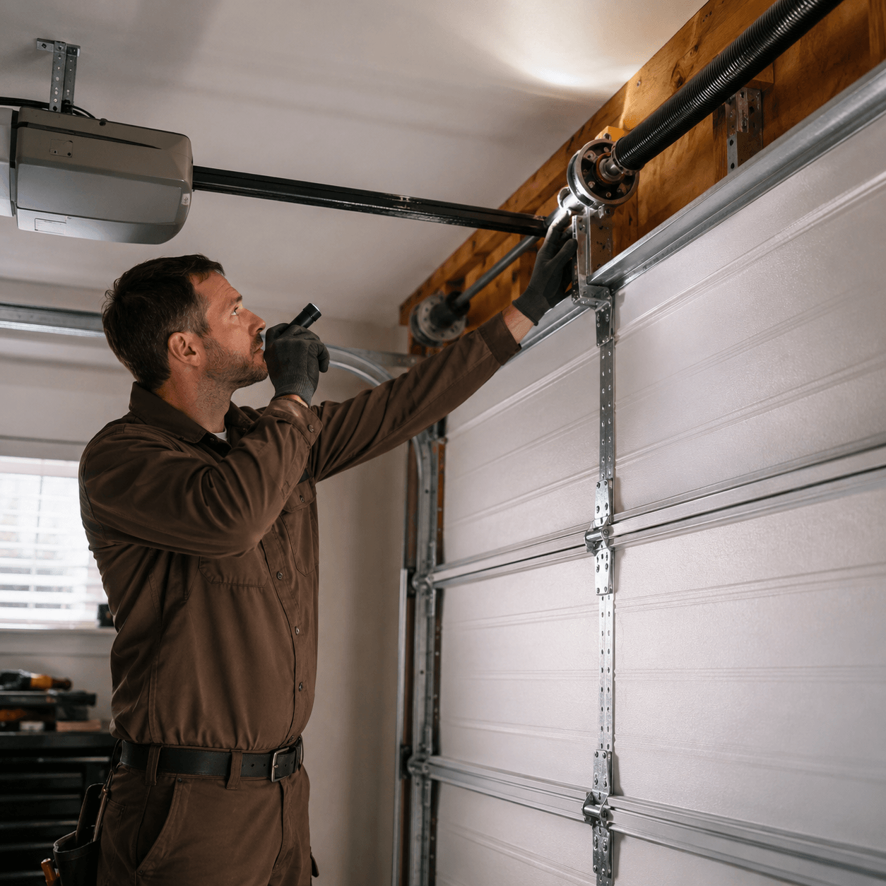 Garage door technician inspecting torsion spring, tracks and hardware during a diagnostic service