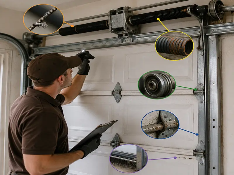 Garage door technician inspecting springs, rollers, tracks and worn components to diagnose garage door failure