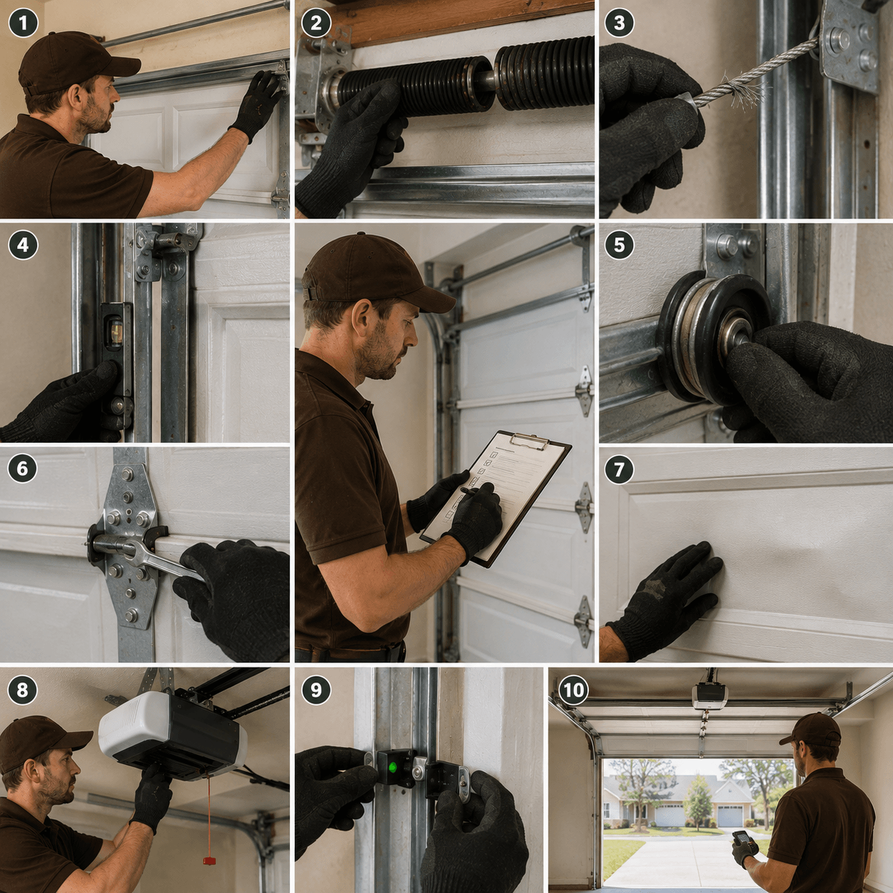 Garage door technician inspecting balance, springs, cables, tracks, rollers, hinges, panels, opener and safety sensors