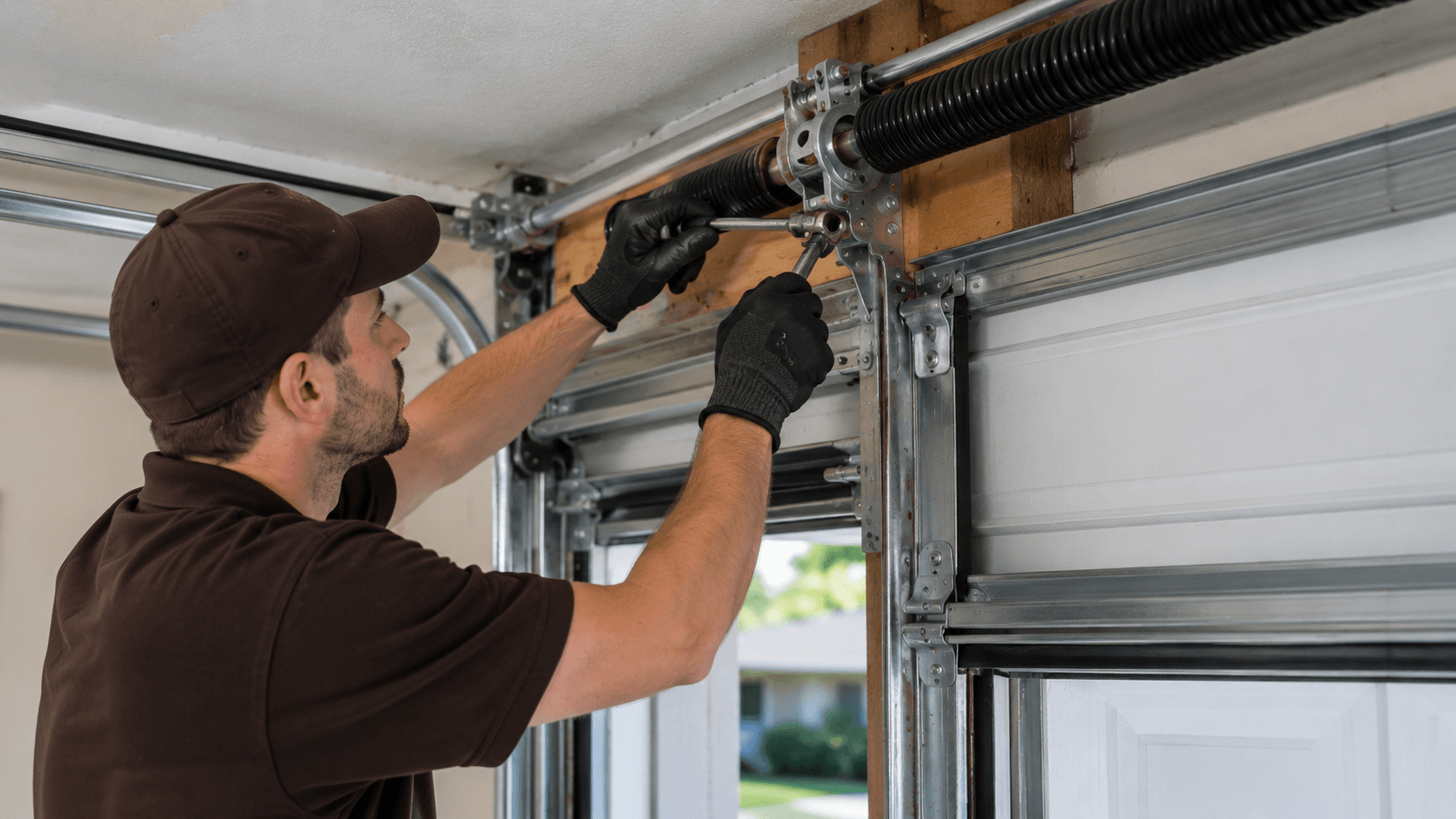 Garage door technician repairing torsion spring and track components