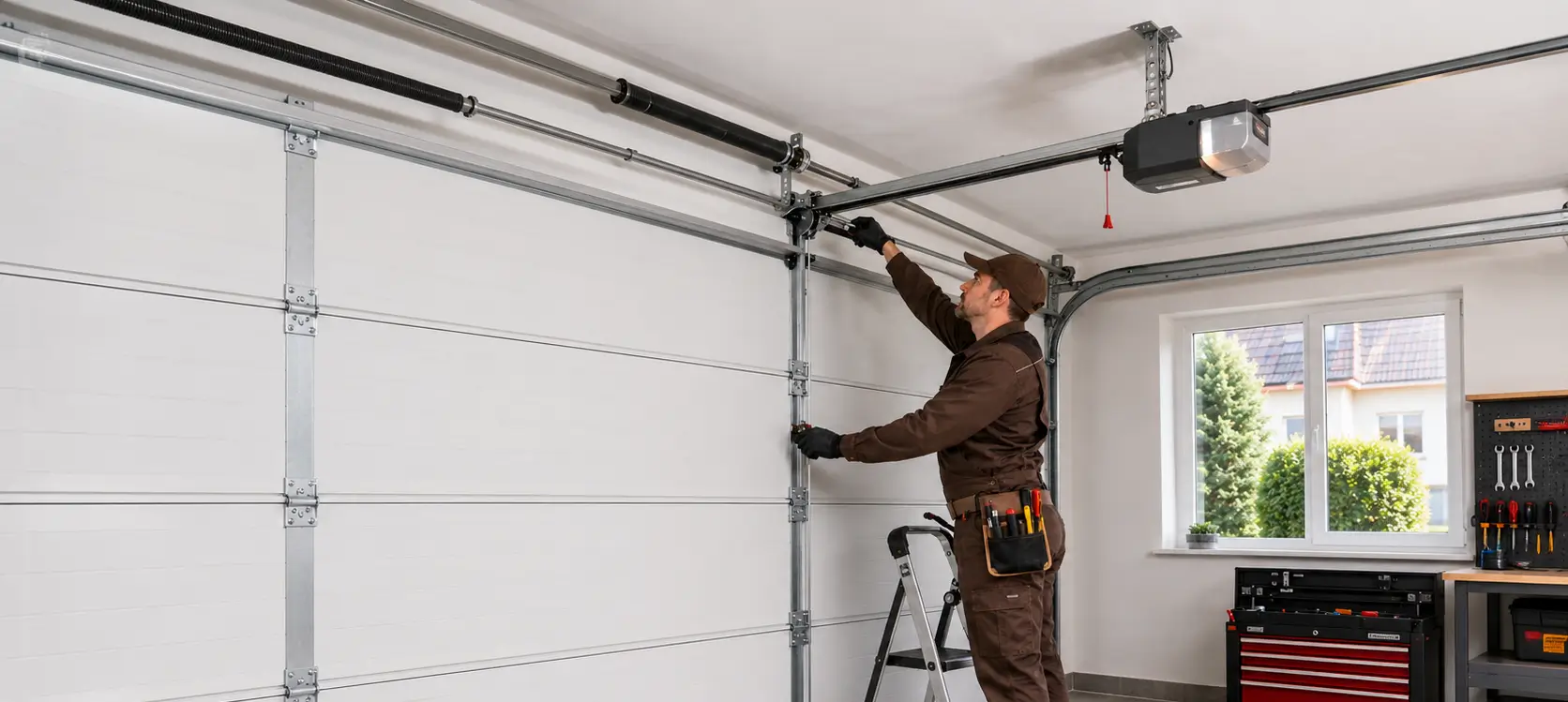 Garage door technician performing a complete repair and adjustment on springs, tracks and opener components