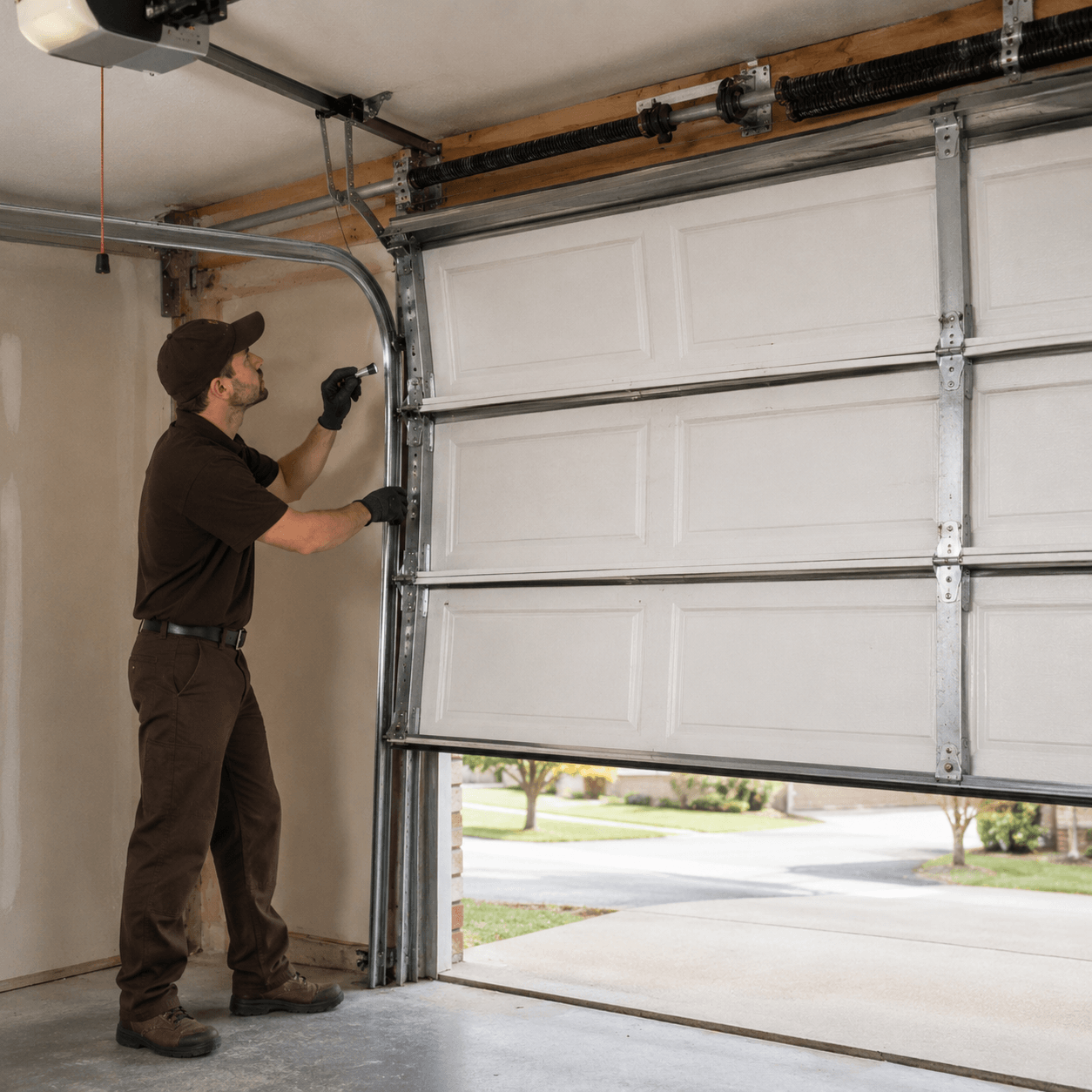 Garage door technician inspecting a sectional garage door for repair issues