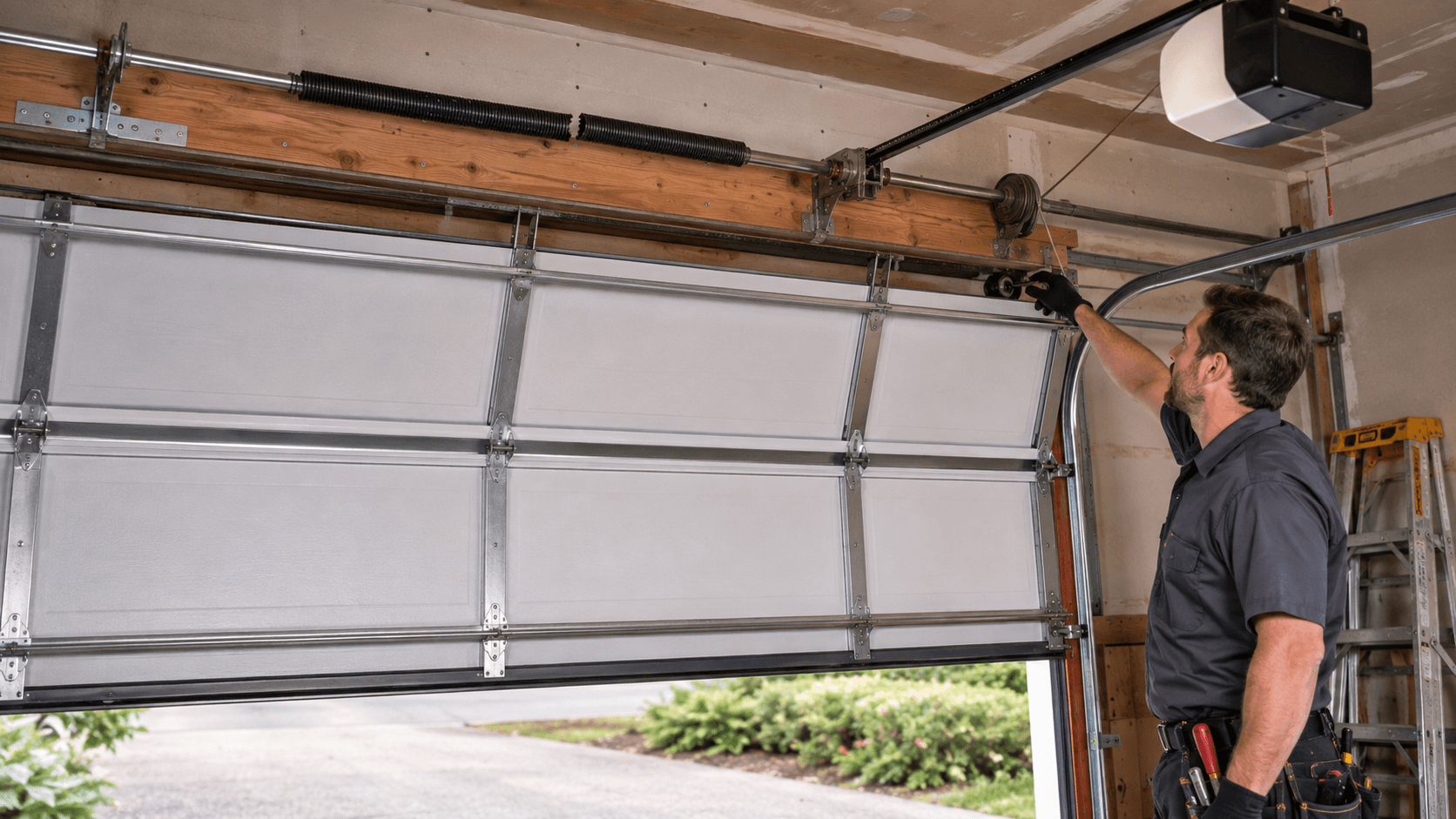 Garage door technician inspecting a broken torsion spring and related door components