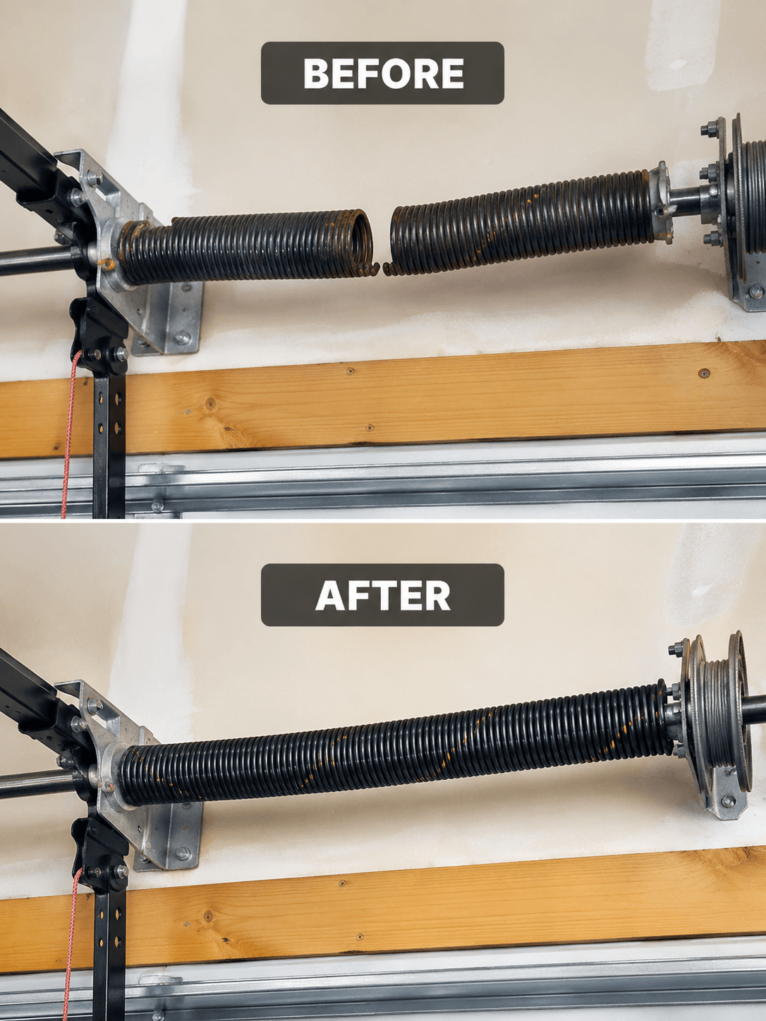 Before and after comparison of a broken garage door torsion spring and a newly replaced spring