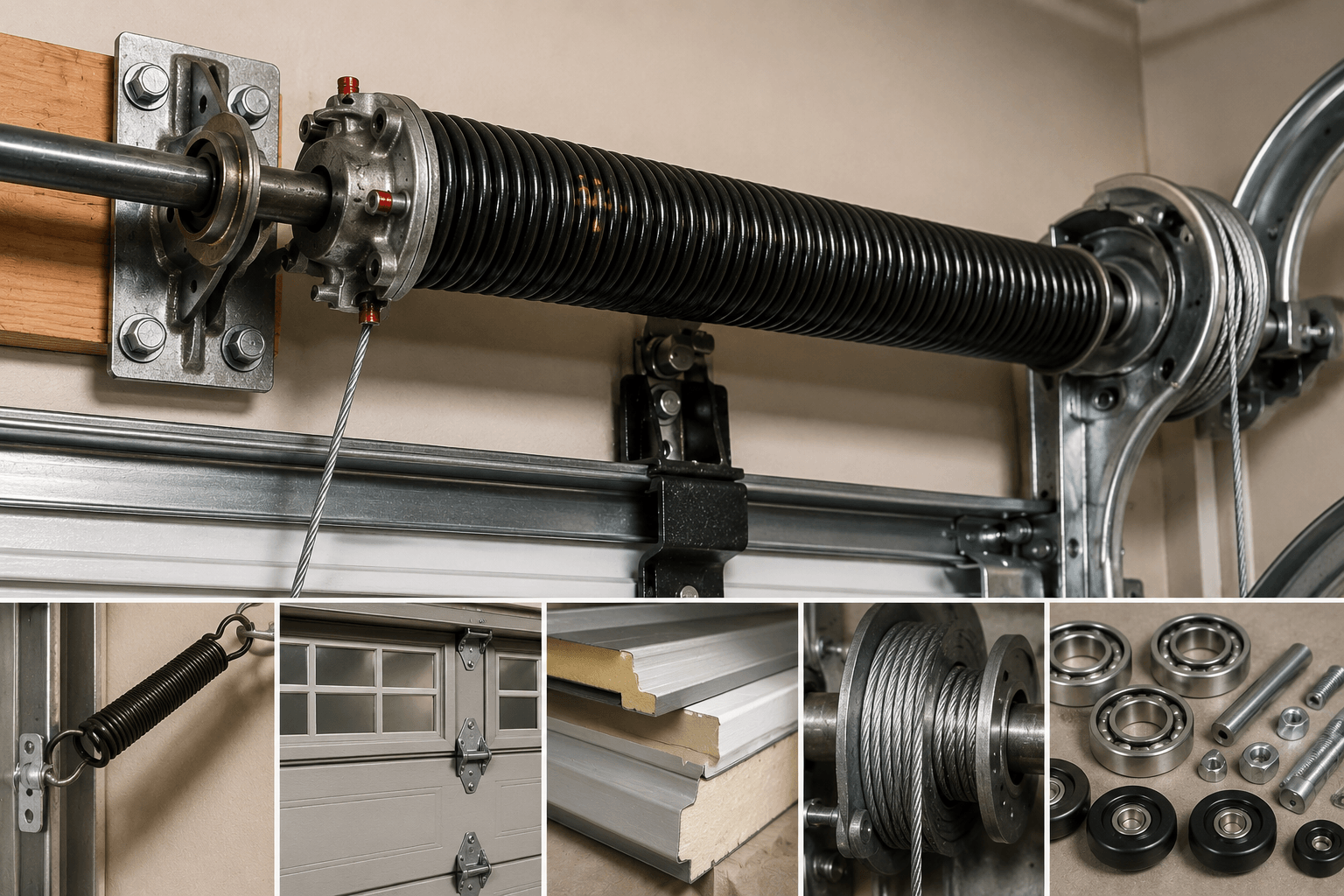 Garage door torsion spring assembly with cables, drums, bearings and related hardware