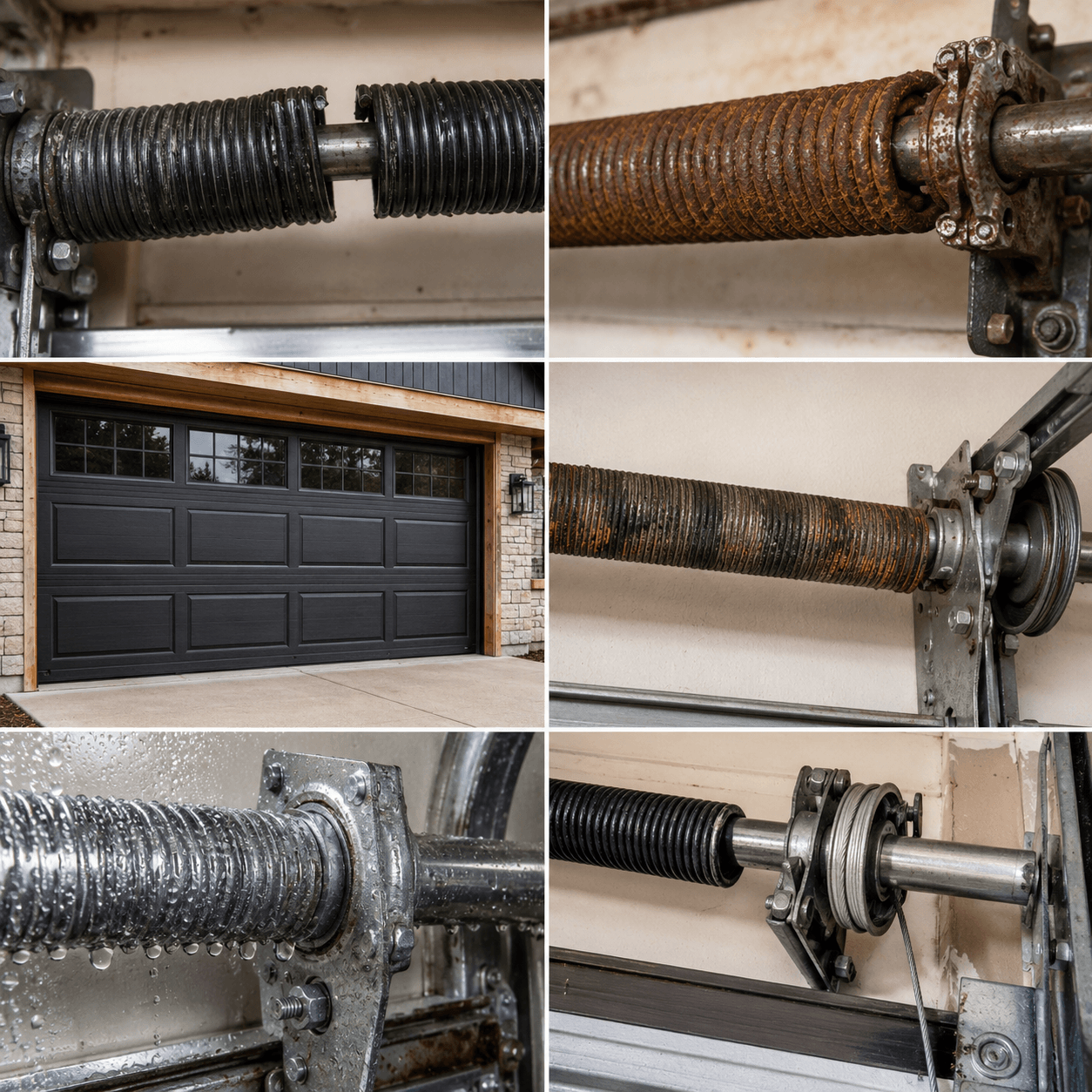 Garage door springs showing wear, corrosion, breakage, moisture exposure and other conditions that shorten spring life