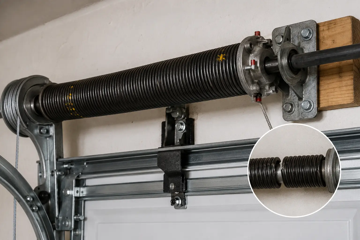 Close-up of a garage door torsion spring, shaft, drum, cable and supporting hardware