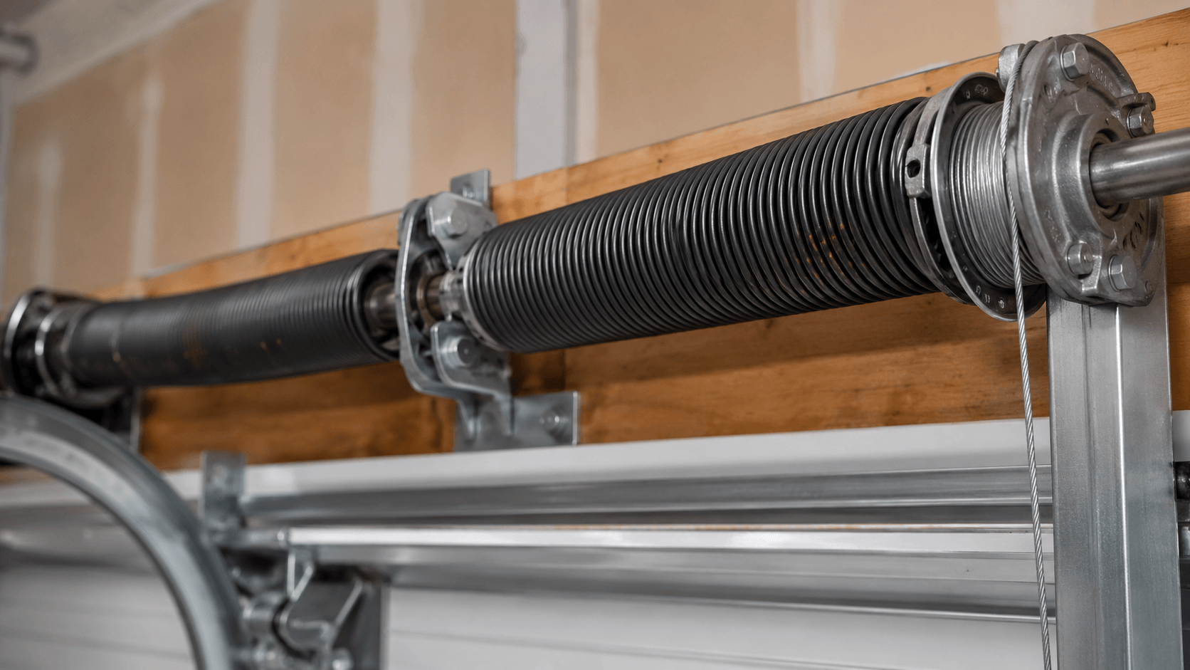 Close-up view of a garage door torsion spring assembly with shaft, drums and cables