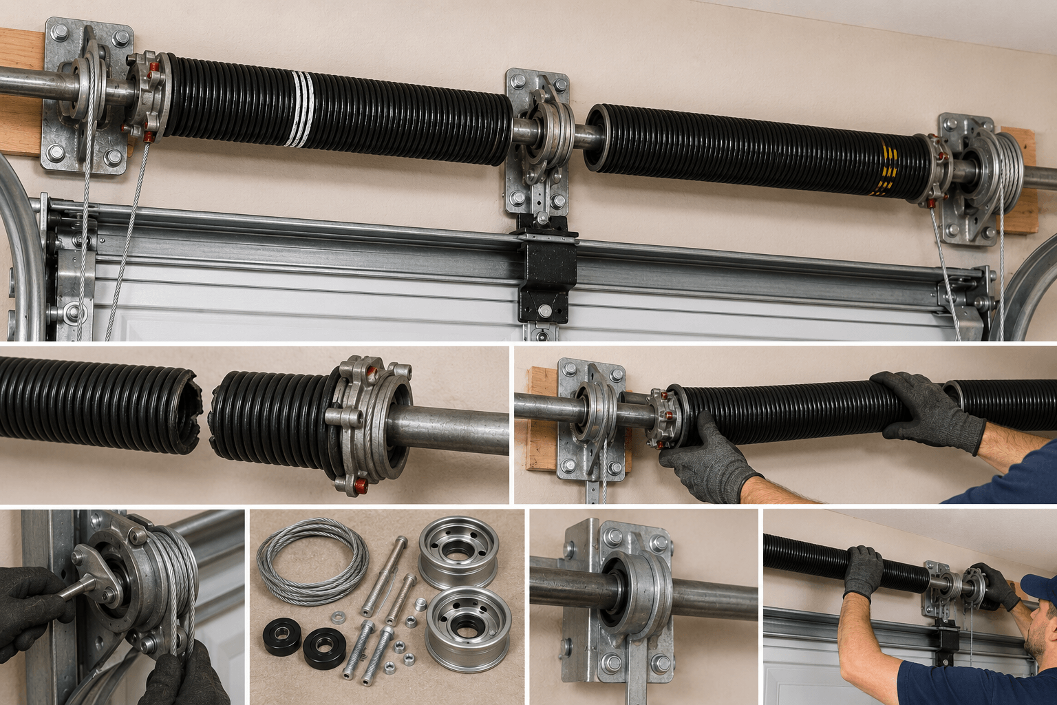 Garage door technician completing the installation process from opening preparation and track setup to spring adjustment and final opener testing
