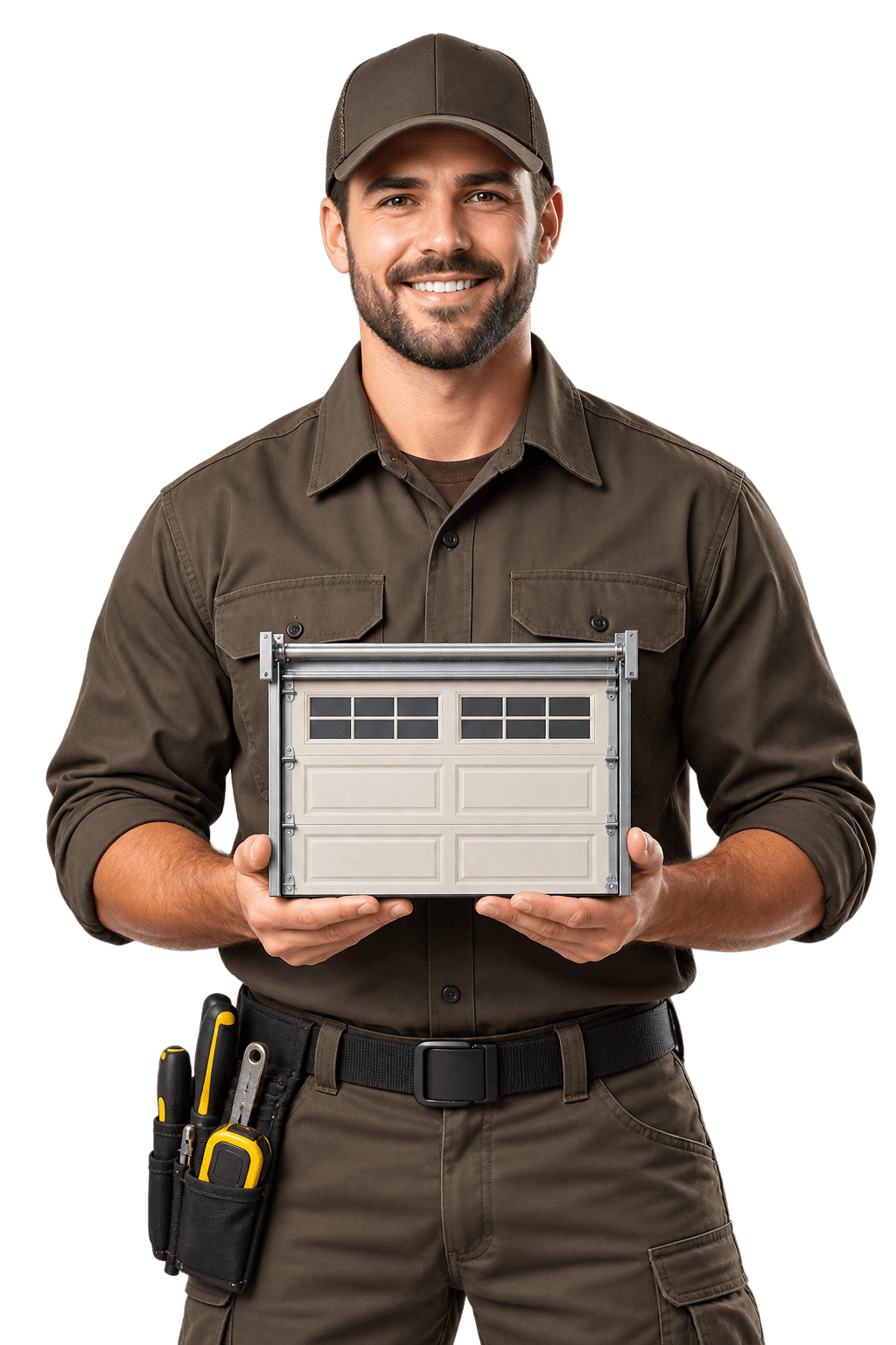Garage door technician standing in the center of the why choose us section
