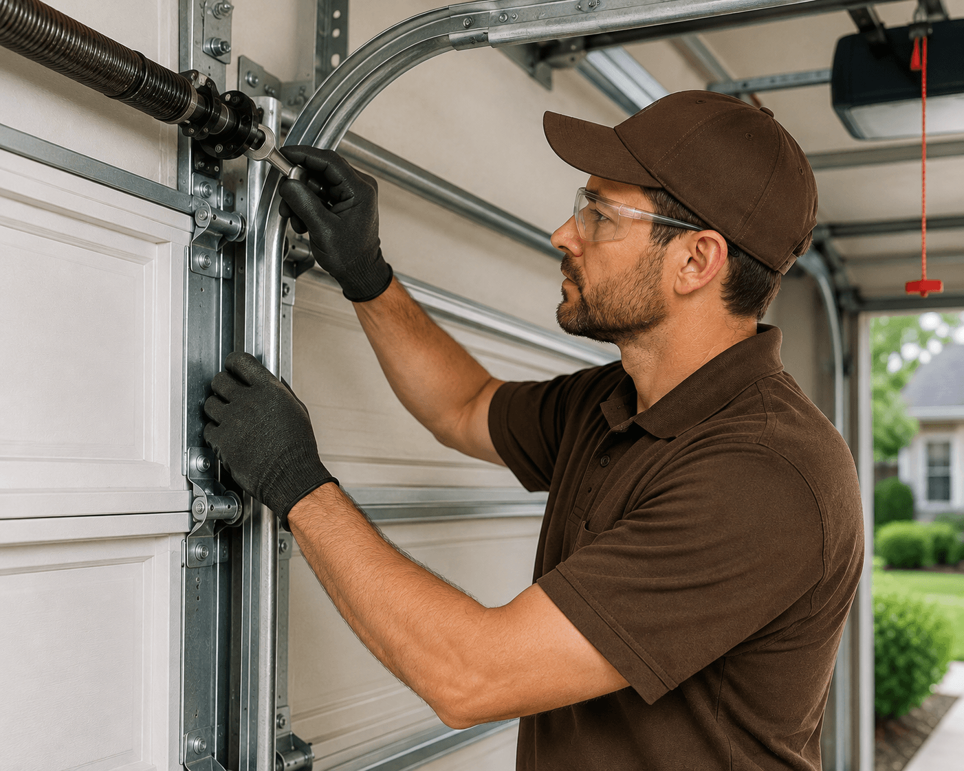 Garage door technician performing a full inspection and repair process on springs, rollers, tracks and opener components